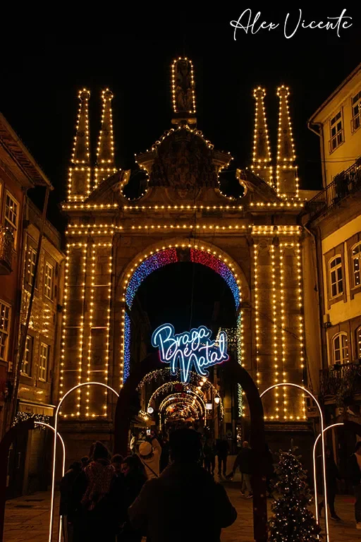 Christmas lights illuminating a historic street in Braga.