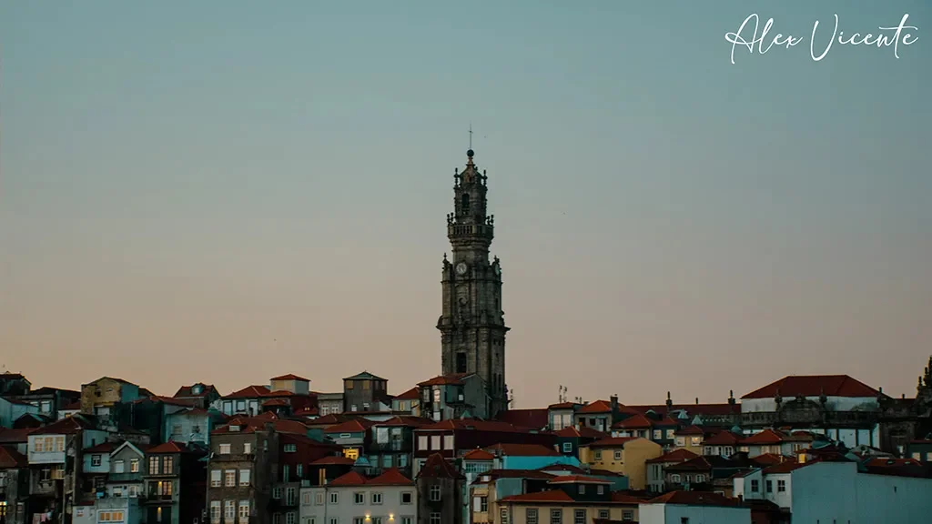 Clerigos Tower above Porto in fading daylight.