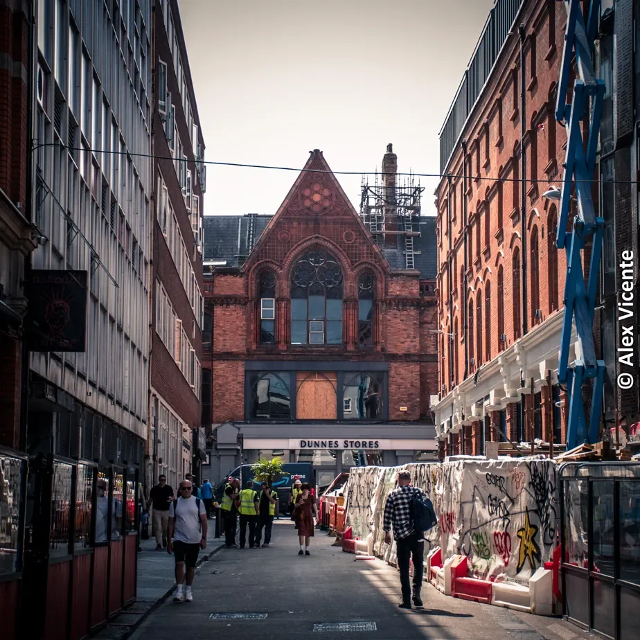 A brick-lined Dublin street under construction.